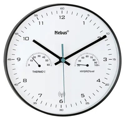 Produktbild von Mebus Funk-Wanduhr mit Thermometer/ Hygrometer, schwarz
