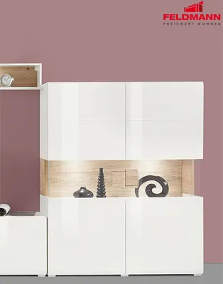 Produktbild von Highboard Kommode Anrichte weiß - weiß Hochglanz / eiche san remo 121cm