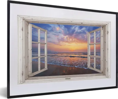 Produktbild von MuchoWow® Gerahmtes Poster Aussicht - Meer - Strand - Sonnenuntergang - Blau 60x40 cm - Poster mit Schwarzem Bilderrahmen Wandposter Rahmen Foto Bilder - Schlafzimmer - Plakat in Rahmen - Drucken
