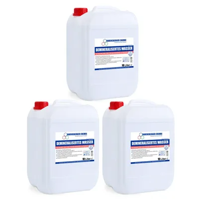 Produktbild von Ravensberger Chemie Demineralisiertes Wasser – vollentsalzt & entionisiert, kalkfrei für Auto, Batterie, Haushalt, Dampfbügeleisen und Labor - 3x 10L
