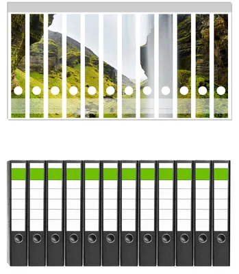 Produktbild von Wallario 12 Stück schmale Ordner inkl. Klebeetiketten mit Motive Hinter dem Wasserfall -  Set mit Rückenschildern / Ordnerrücken Stickern