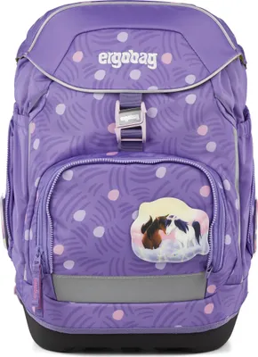 A purple backpack with a polka dot and swirl pattern, featuring a patch of horses on the front.