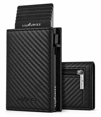Produktbild von Luxurizz Slim Wallet Herren mit Magnetverschluss, Pop-Up Kartenhalter mit RFID-Schutz, Carbon Schwarz