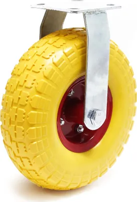 Zdjęcie produktu dla Kółko stałe Wiltec Ø258 i 78 mm szerokości Kółko transportowe z litego materiału z metalowymi obręczami żółte odporne na przebicie do 150 kg Kółko do aparatury cichobieżne