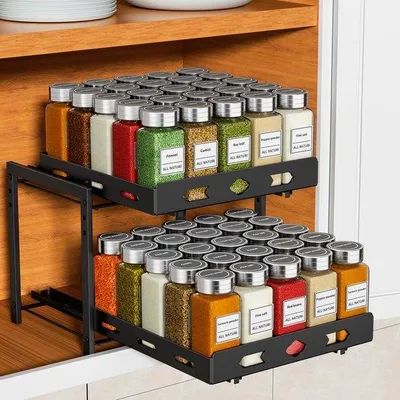 Immagine prodotto di Unyqoos® Organizer estraibile per la cucina – soluzione regolabile in altezza per armadi, ideale per spezie e aromi, superficie resistente alla ruggine, facile da montare