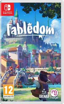 The image shows the front cover of the Nintendo Switch game 'Fabeldom'. It features a colorful illustration of a fantasy town with a castle in the background and characters in the foreground.