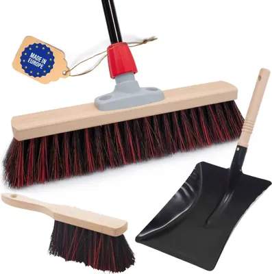 Produktbild von Novaliv Straßenbesen mit Stiel 40 cm Arenga-Elaston Borsten inkl. Kehrgarnitur verzinkt mit Gummilippe bestehend aus Kehrblech & Handfeger Idealer Gartenbesen Terassenbesen Hofbesen Stallbesen