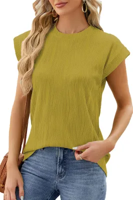 Produktbild von ASKSA Damen T-shirt Rundhals Fluegelaermeln Bluse Elegant Sommer Tops Casual Lose Basic Tunika Shirts Tee Oberteile (Gelb,L)