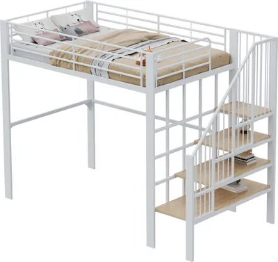 Produktbild von Hochbett mit Lattenrost, Treppe und Rausfallschutz, 140x200 cm, Metallbett, Kinderbett, Jugendbett