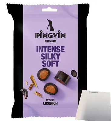 Produktbild von Toms Pingvin Lakritz Intense Silky Soft (90g Packung) + usy Block