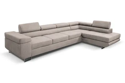 Produktbild von MargaretHadas24 Ecksofa L Form Marlene IV, 347x202, mit Schlaffunktion und Bettkasten Couch mit verstellbaren Kopfstützen Samtstoff rechte Seite beige