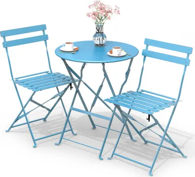 Produktbild von VOUNOT® Metall Bistroset 3-teilig, klappbarer Bistrotisch mit 2 Stühlen, Blau
