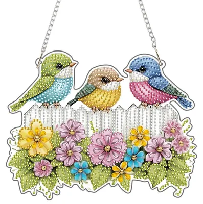 Produktbild von 5D Diamond Painting Anhänger Set Drei Vögel Blumen Fensterbilder DIY Crystal Art Kit mit Kette
