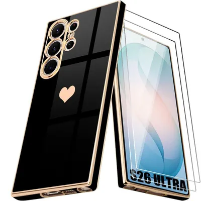 Image de Coque + 2 Verres Trempés pour Samsung Galaxy S26 Ultra, Silicone Motif Cœur Antichoc Anti-Rayures Ultra Slim - Noir