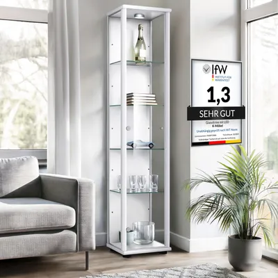 Produktbild von K-Möbel Glasvitrine stehend in Weiss (176x37x33 cm) mit 4 höhenverstellbaren Glasböden & LED - Standvitrine - Vitrinenschrank - Sammlervitrine