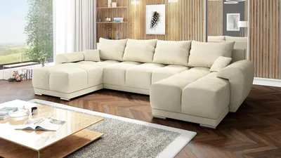 Produktbild von Velvet Ecksofa in U-Form – Creme M04 Sofa – Couch mit Stauraum und Kissen - Ausziehbares Schlafsofa – Sofa mit Schlaffunktion - Schlafsofa mit Bettkasten – Gästebett – 365 x 189 cm