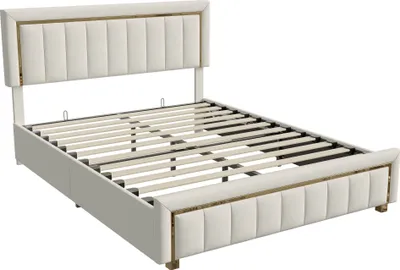 Produktbild von Bett (160 x 200 cm), Stauraumbett, Bettgestell mit Kopfteil, Samt, Beige