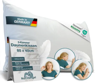 Produktbild von Daunenkissen 3-Kammer Kopfkissen 40x80 aus 100 % Daunen & Federn – Germany, atmungsaktives Federkopfkissen für alle Schlaftypen