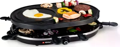 Produktbild von ALPINA Gourmet Family Raclette Grill 8 Personen mit Antihaftbeschichtung, 1200 W Leistung, Abnehmbare Grillplatte 8 Pfännchen Raklette Fondue Party