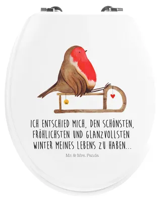 Produktbild von Mr. & Mrs. Panda WC Brille Rotkehlchen Schlitten - Weiß - Geschenk, Klodeckel, Weihnachten, Nikolaus, klo deckel, Vogel, Toilettendeckel, Klobrille, Holz