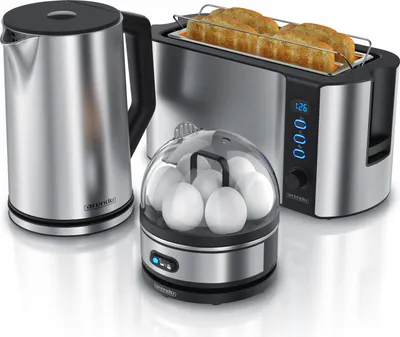 Produktbild von Arendo Frühstücksset 3-teilig, 1,5l Wasserkocher, 4-Scheiben Langschlitz Toaster, 7er Eierkocher, Silber
