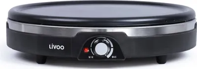 A front view of a black electric crepe maker on a white background.