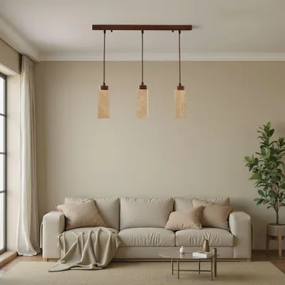 Immagine prodotto di Opviq, lampadario di alta qualità con rivestimento in legno impiallacciato e struttura in metallo, nei colori beige e noce, altezza regolabile da 24 a 154 cm, 3 attacchi GU10, IP20, ideale per ambienti in stile rustico.