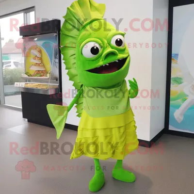 Produktbild von Limettengrüner REDBROKOLY Fisch-Tacos Maskottchen Kostüm charakter bekleidet mit einem A-Linien-Kleid und Clutch-Taschen