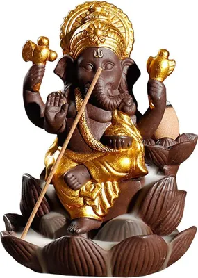 Produktbild von Weihrauchbrenner, Reflux Burning-Weihrauch Keramik Ganesh Elefant Buddha Mit Kegel Kaskaden Weihrauchträger, Couchtisch Aquarium Home Diffusor Dekoration,Gold,9×7.5×12.5cm