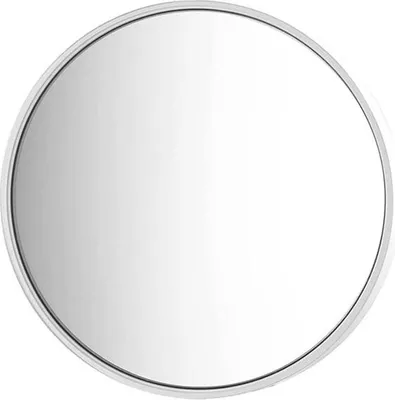 A close-up, studio shot of a round mirror with a silver frame against a white background.