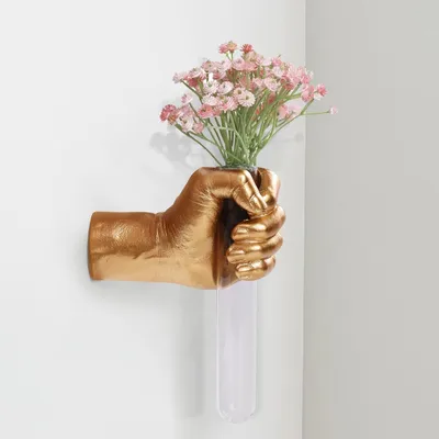 Produktbild von Wandskulptur gold, handgemacht, mit Vase, für Wohnzimmer