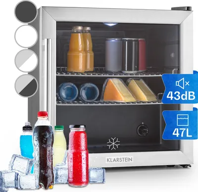 Obrázok produktu pre Klarstein Mini chladnička so sklenenými dvierkami, malá chladnička 47 litrov, mini chladnička do izieb, malá chladnička na nápoje s nastaviteľnými policami, vnútorná/vonkajšia chladnička tichá