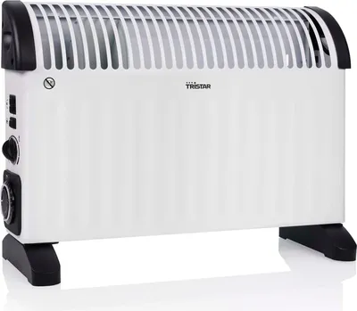 A white oil-filled radiator with black accents and feet, shown from a front-diagonal angle against a white background.