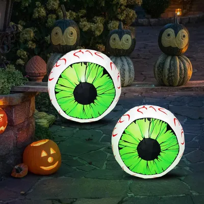 Produktbild von Halloween-Dekoration - 2er-Set Aufblasbare Grüne Augen - 91 cm - LED-Beleuchtung - Nylon - Für Drinnen und Draußen