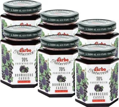 Produktbild von Food-United FRUCHTAUFSTRICH DARBO Brombeere Cassis schwarze Johannisbeere Ribisel 6x  200g Glas Naturrein fein passiert fruchtiger fruit spread perfekt für Brot und Brötchen Kuchen Torten Frühstück Gebäck Quark Porridge Puddings Eiscremes Füllungen