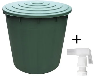 A green water butt with a lid and a white tap accessory, shown against a white background.