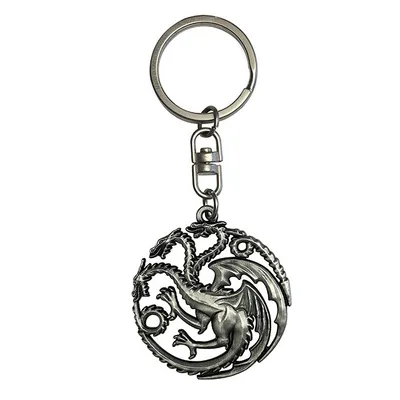 A silver-colored keychain with a three-headed dragon emblem.