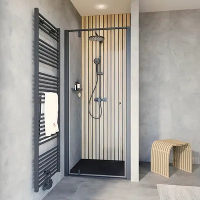 Produktbild von Duschtür in Nische mit Drehtür SCHULTE Trend 2.0 ExpressPlus 90 cm Profil schwarz Klarglas Schmutzabweisende Glasbeschic