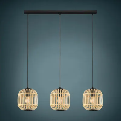 Image de Suspension EGLO Bordesley, suspension à 3 ampoules, style vintage, naturel, bohème, hygge, suspension, lampe de table à manger, lampe de salon, E27