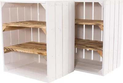 Two white wooden crates with wooden shelves are shown side-by-side.