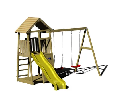 Produktbild von Wendi Toys Holz Spielturm Pinguin inkl. Rutsche, Kletterwand, 2 Schaukeln & Sandkasten Natur 280x340x270 cm