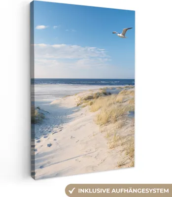 Produktbild von MuchoWow® - Leinwandbilder - Düne - Möwe - Strand - Meer - Sonne, Wandbild, Wanddeko Bilder Wohnzimmer, 80x120cm