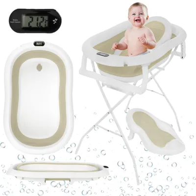 Produktbild von Primabobo Faltbare Babybadewanne Premium mit Gestell, Badesitz Thermometer Baby Badewanne klappbare Babywanne mit Ständer für Babys Neugeborene, Beige