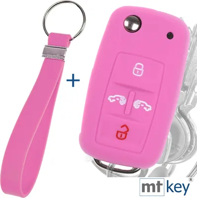 Produktbild von Auto Schlüssel Silikon Schutz Hülle + Schlüsselband Rosa Kompatibel mit VW Multivan Sharan T5 T6 Caddy Seat Alhambra 4 Tasten Klappschlüssel