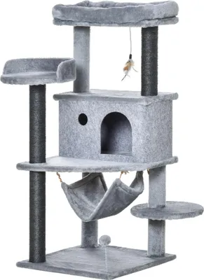 Image de Arbre à chat - Arbre à grimper - Quatre niveaux - Dimensions 48×48×107 cm - Niche en feutre amovible - Hamac - Troncs en sisal - Gris