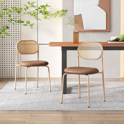 Produktbild von Flieks Esszimmerstühle 2er Set, Küchenstühle mit Rattan Rückenlehnen, Wohnzimmerstuhl Essstuhl mit Metallbeinen, Braun