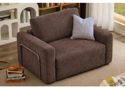 Imagen del producto de Hanah Home, sofá cama de una plaza, 100% tejido boucle, color marrón, plegable en formato compacto, código para padres
