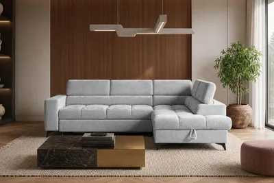 Produktbild von Sofiland BEVIANO Ecksofa Schlaffunktion Bettkasten 275 cm Chenille Hellgrau rechts