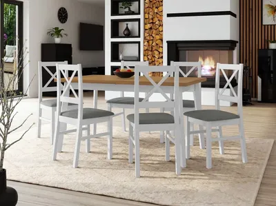 Obrázok produktu pre Rozkladací jedálenský stôl 140 cm so 6 stoličkami ADELBITE 3 - dub grandson / biely / šedý