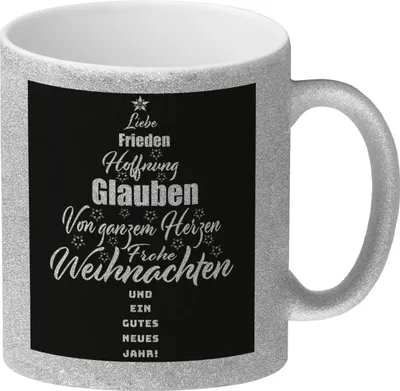 Produktbild von Frohe Weihnachten Glitzer-Kaffeebecher mit Spruch Frohe Weihnachten und gutes